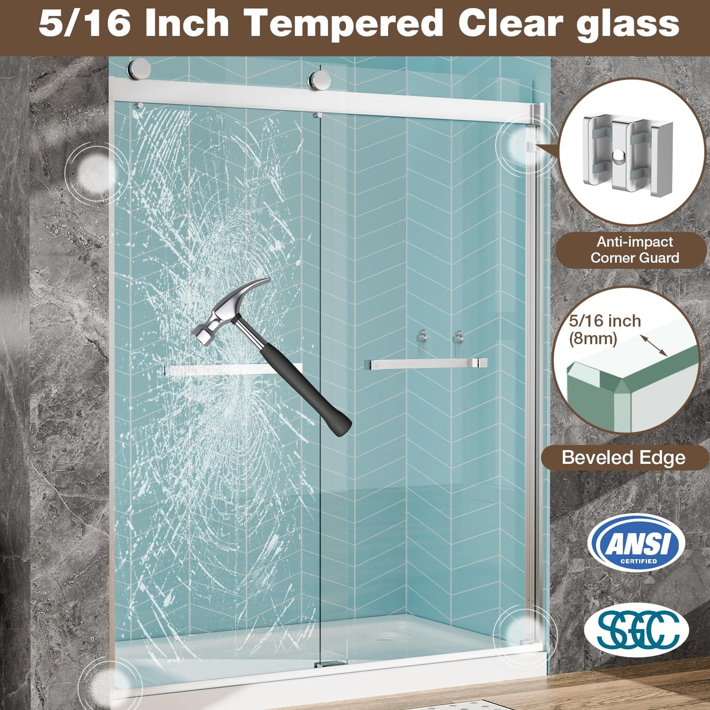 Sliding Shower Door, 57-60" W x 72" H Glass Shower Door, 5/16" (8mm) SGCC Clear Tempered Glass, Quiet Soft-Close, Explosion-Proof Film Nano Coating (Silver)