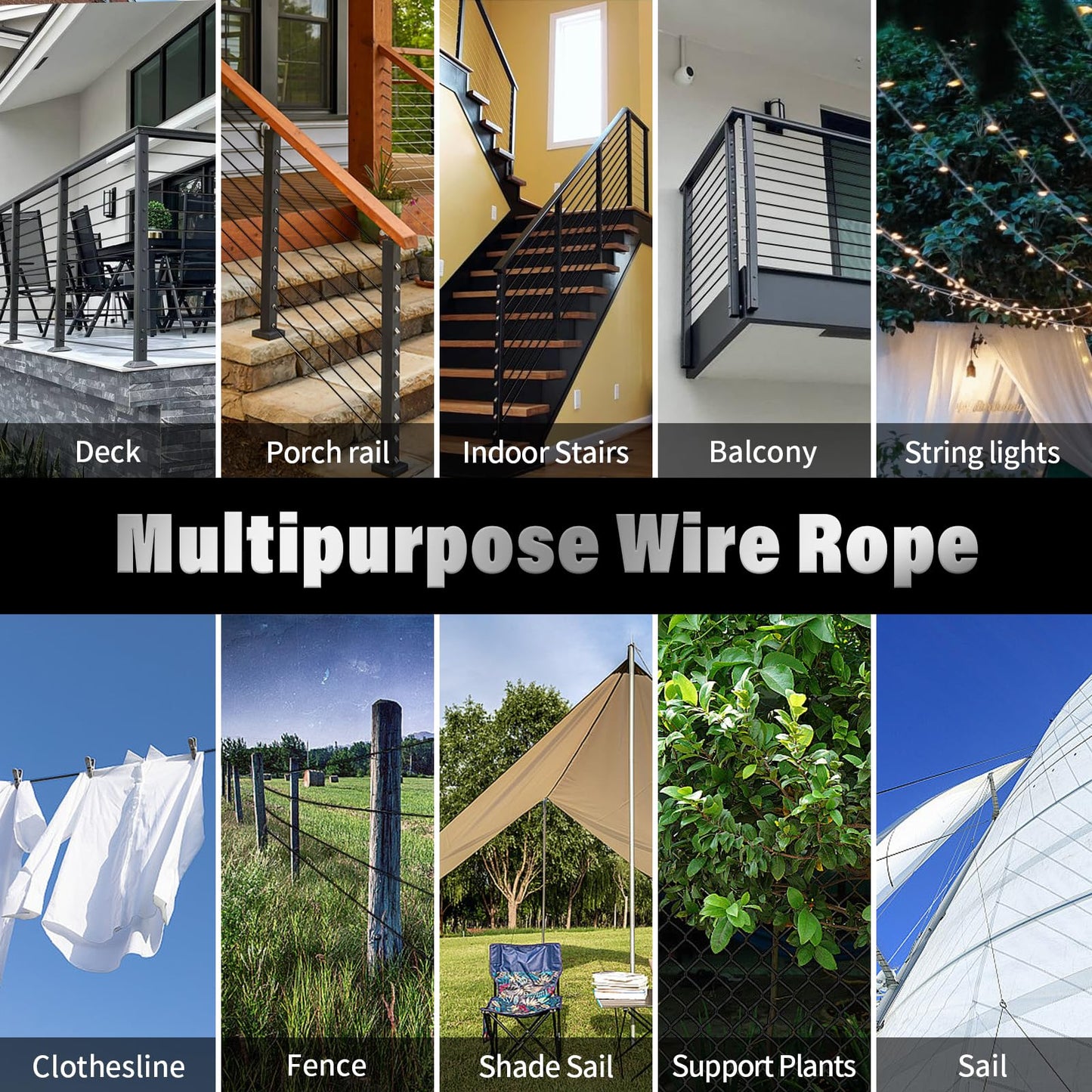 Black Stainless Steel Cable for Railing - 500FT 1/8" T316 Wire Rope for Deck Cable Railing System Kit