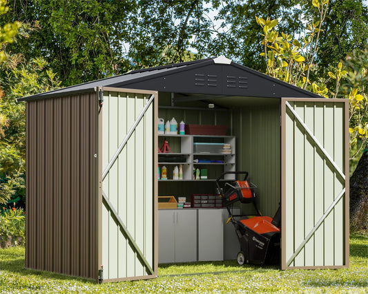 Greesum 8x6FT Outdoor Storage Shed, Utility Tool Shed with Sloping Roof, Metal Storaged Garden Shed with Door & Lock for Patio Storage, Brown