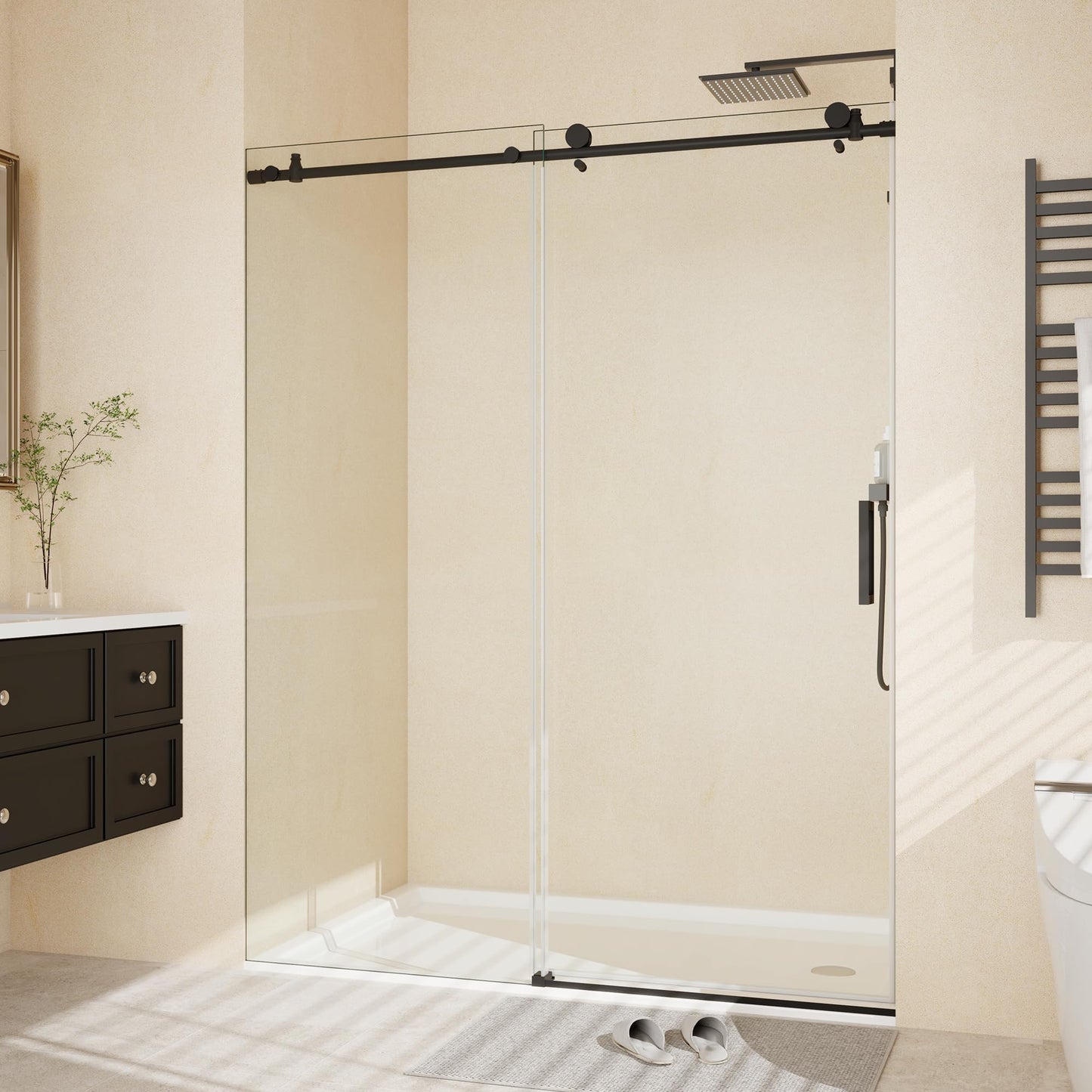 Garvee Frameless Sliding Shower Door, 56-60 Inch Adjustable Width x 76 Inch Height, 1/4 Inch (6Mm) Tempered Clear Glass with Explosion-Proof Film,Matte Black for Bathroom Enclosure