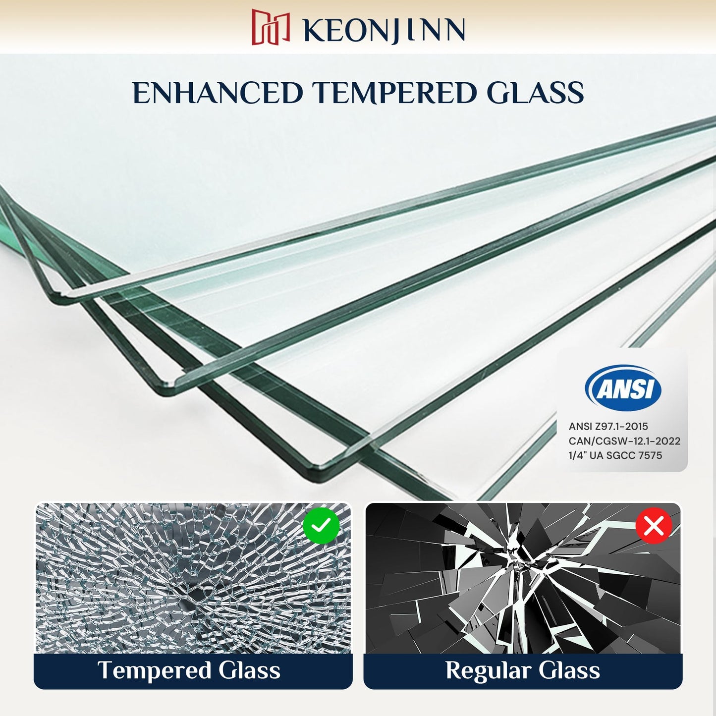 Keonjinn Sliding Shower Door, 44-48" W x 76" H Semi-Frameless Shower Door, 1/4" (6mm) Clear SGCC Tempered Clear Glass with Nano Coating, Silent Soft-Close Design, Matte Black