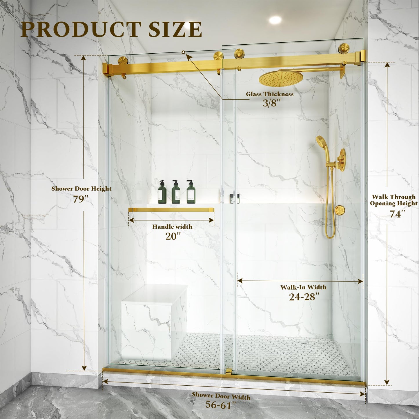 Frameless Double Sliding Shower Door 57"-61"x79", 3/8" Tempered Glass with Easy-Clean Coating, Adjustable Width for Walk-in Shower, Includes Towel Bar & Stainless Steel Hardware