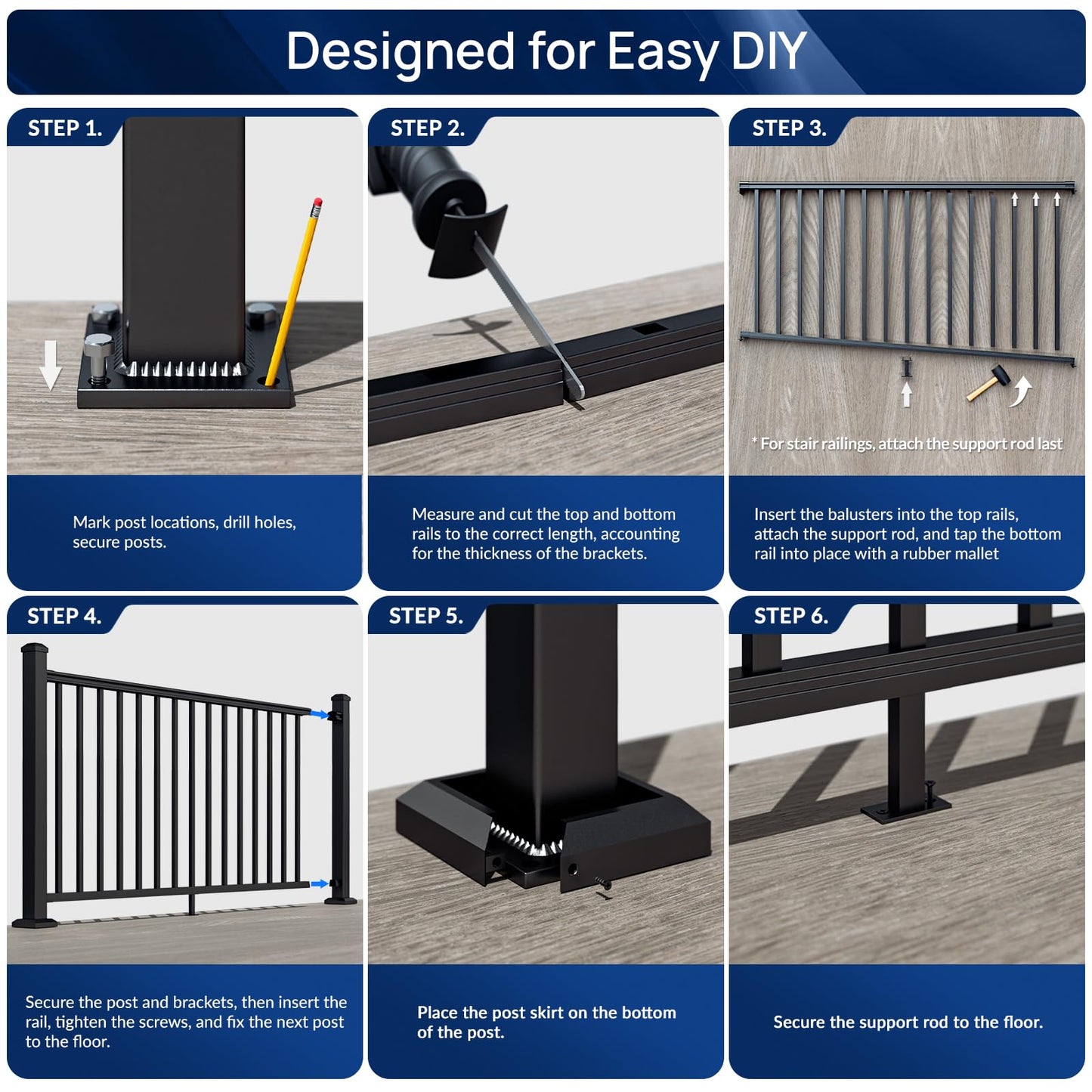 Egadis 42 in. H x 4 ft. W Porch and Deck Railing Kit, Aluminum Railing Kit, Black Textured AAMA 2604 Powder-Coat Finish Modular Rail System for Outdoor Decks, Porches & Balconies (1 Post, 1 Panel)