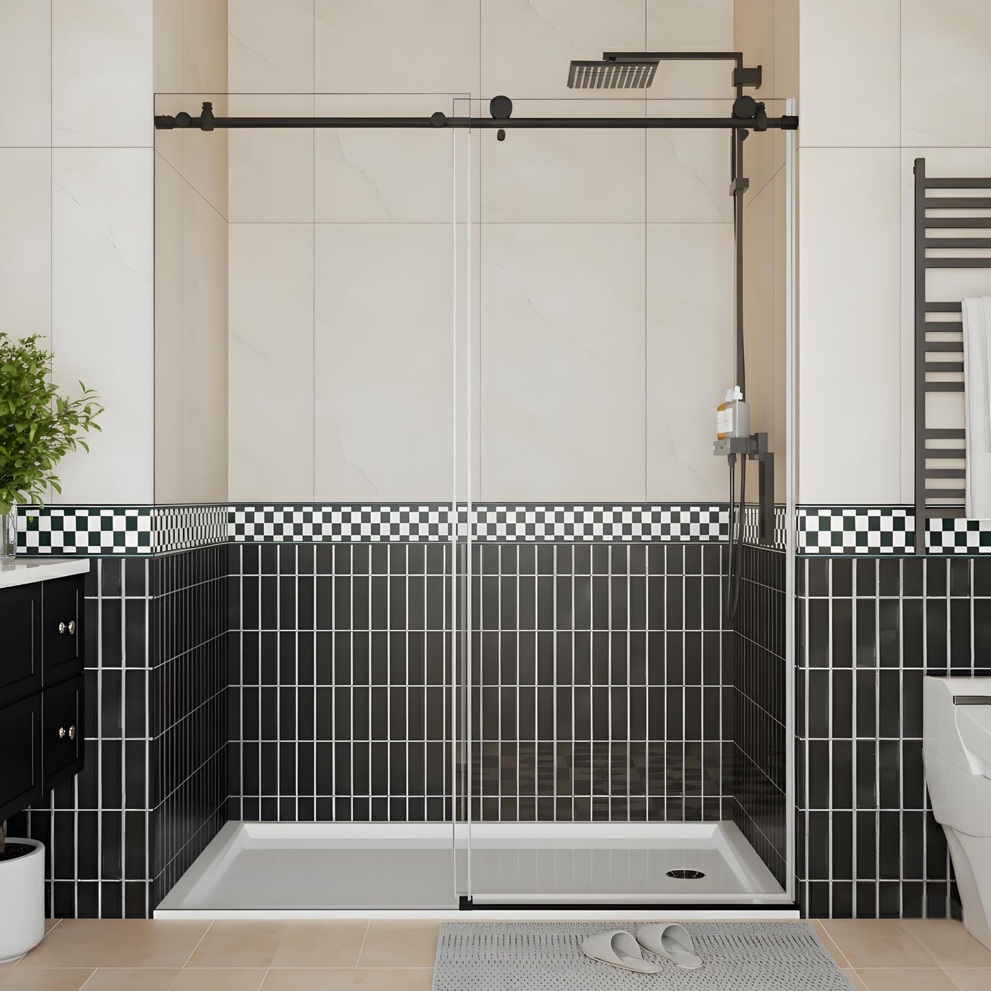 Garvee Frameless Sliding Shower Door, 56-60 Inch Adjustable Width x 76 Inch Height, 1/4 Inch (6Mm) Tempered Clear Glass with Explosion-Proof Film,Matte Black for Bathroom Enclosure