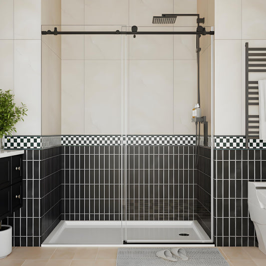 Garvee Frameless Sliding Shower Door, 56-60 Inch Adjustable Width x 76 Inch Height, 1/4 Inch (6Mm) Tempered Clear Glass with Explosion-Proof Film,Matte Black for Bathroom Enclosure