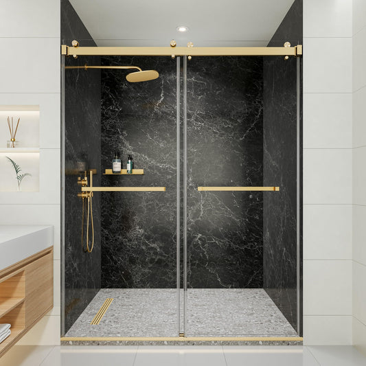 50-54" W x 76" H Frameless Shower Door, Double Sliding Glass Shower Door with 5/16" (8mm) Clear SGCC Tempered, Roller Disc System, 304 Stainless Steel (Brushed Gold, 50-54" W*76" H)