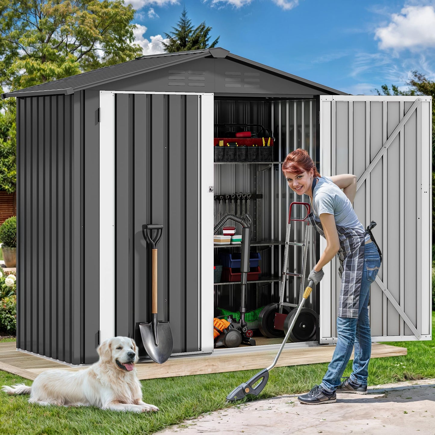 DWVO 6x4ft Metal Outdoor Storage Shed, Lockable Tool Storage Sheds, Oversized Steel Garden Sheds with Sloped Roof for Backyard, Patio, Garage, Lawn, Dark Gray