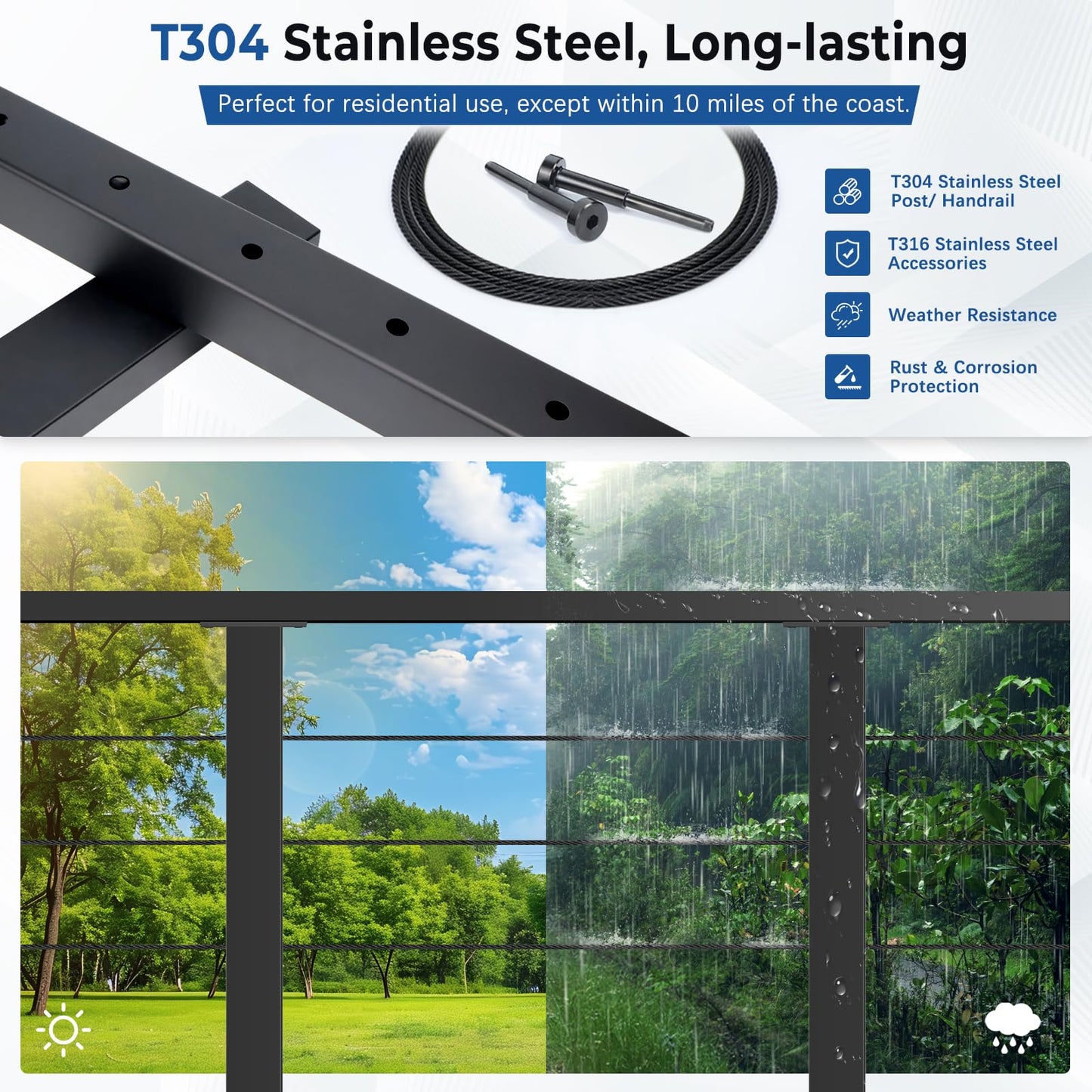 Zylorix 4ft-8ft Complete Set Cable Railing System 36" with Cuttable Handrail, Modular Black T304 Stainless Steel Level Cable Railing Posts Kit, One-Stop Easier for DIY Indoor Outdoor Horizontal Decks