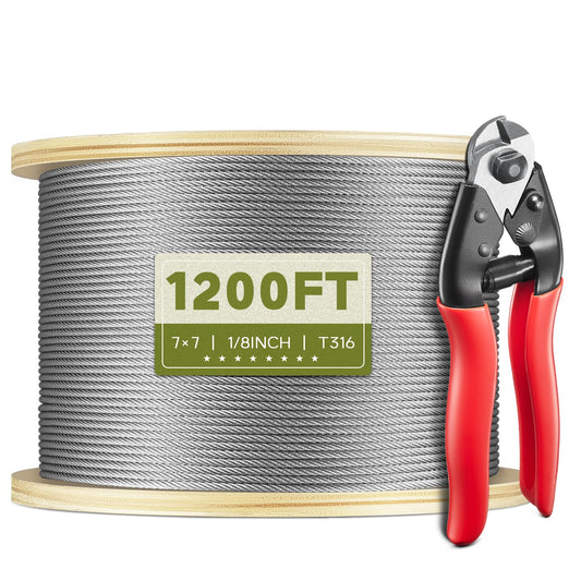 KALLSDY 1200FT 1/8" T316 Stainless Steel Cable, Wire Rope Aircraft Cable for Deck Cable Fence Railing Kit, and DIY Balustrades, 7x7 Strands Construction, Comes with a Cutter