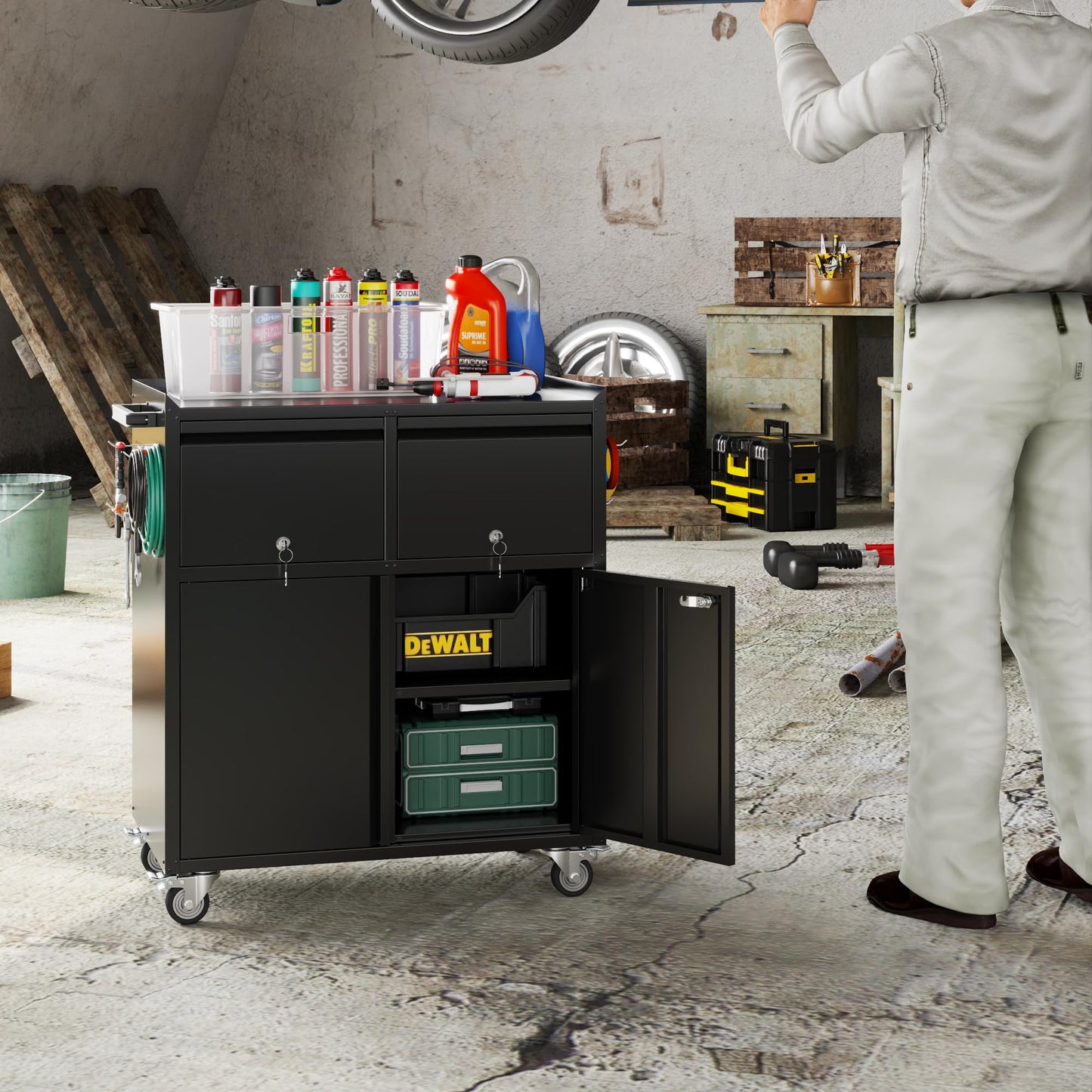 Aobabo Rolling Metal Garage Cabinet, Lockable Storage Cabinet with 2 Drawers, Pegboards, Hooks & Wheels, Heavy Duty Steel Utility Cabinet for Garage, Workshop, Home Office, Black, Assembly Required