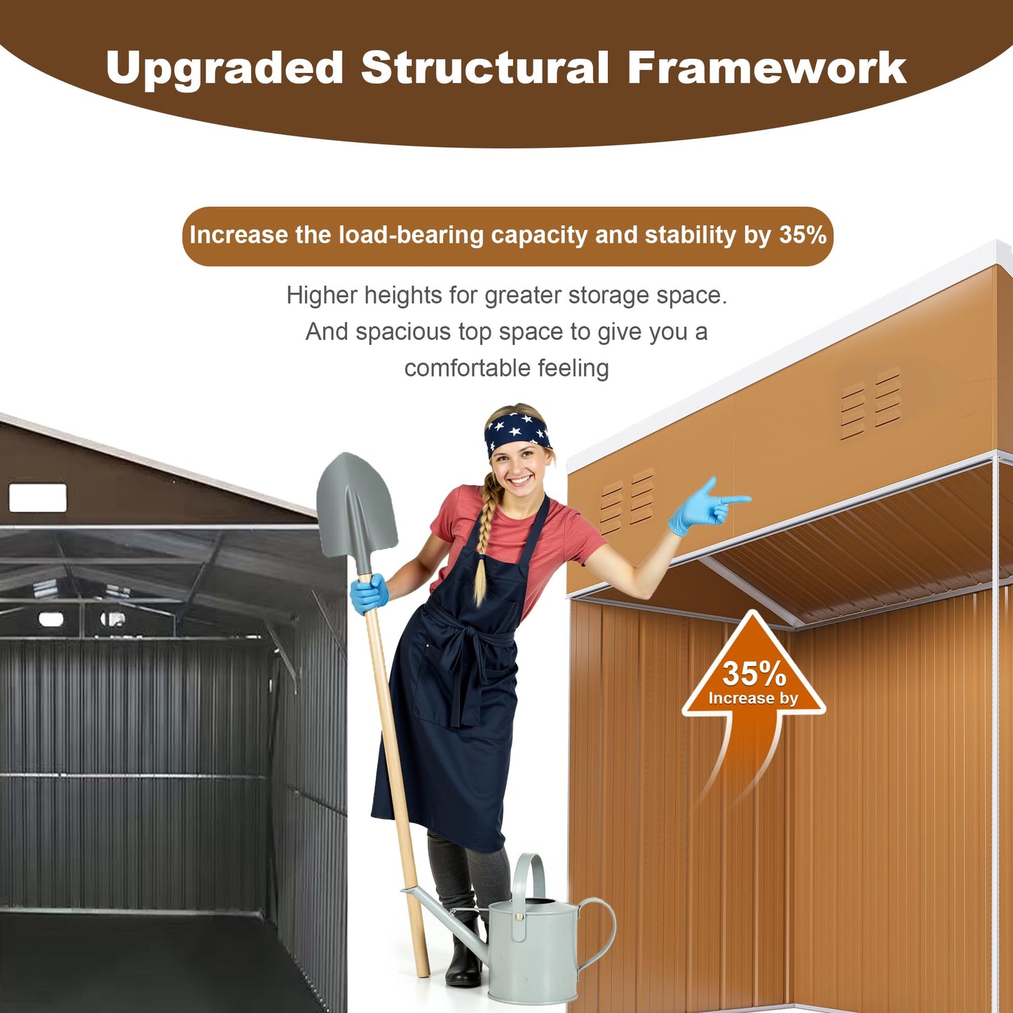 GDFStudio 8x4 FT Heavy-Duty Metal Storage Shed with Hinged Door, Windows & Ventilation, Weatherproof Galvanized Steel Outdoor Garden Shed for Backyard Lawn Patio Tool Storage, Brown, Without Floor