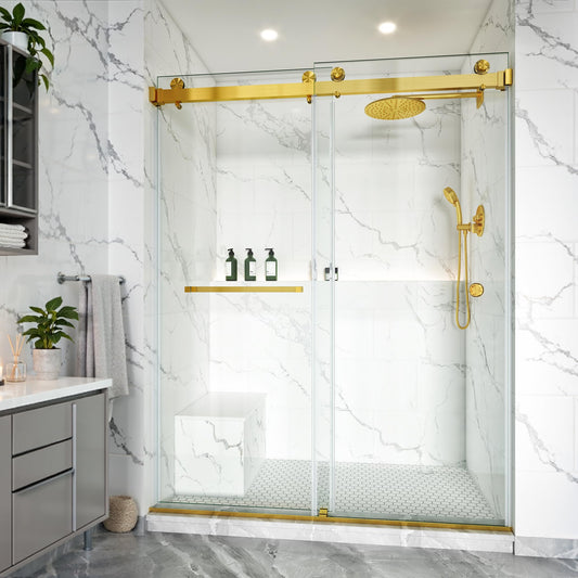 Frameless Double Sliding Shower Door 57"-61"x79", 3/8" Tempered Glass with Easy-Clean Coating, Adjustable Width for Walk-in Shower, Includes Towel Bar & Stainless Steel Hardware