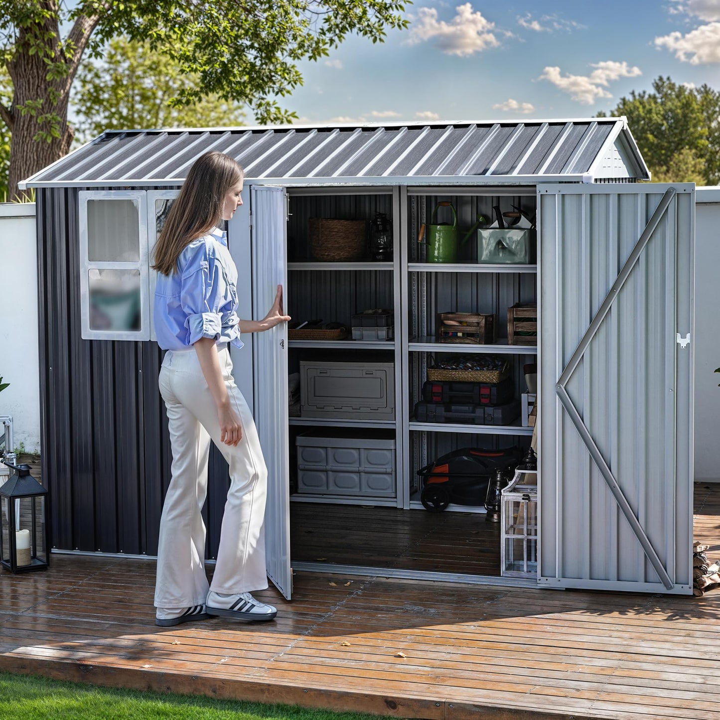 DWVO 8x6ft Large Tool Storage Shed with Window, Lockable Doors, and Sloped Roof, Oversized Steel Outdoor Storage Shed for Garden, Patio, Garage, Backyard, Lawn - Gray & White