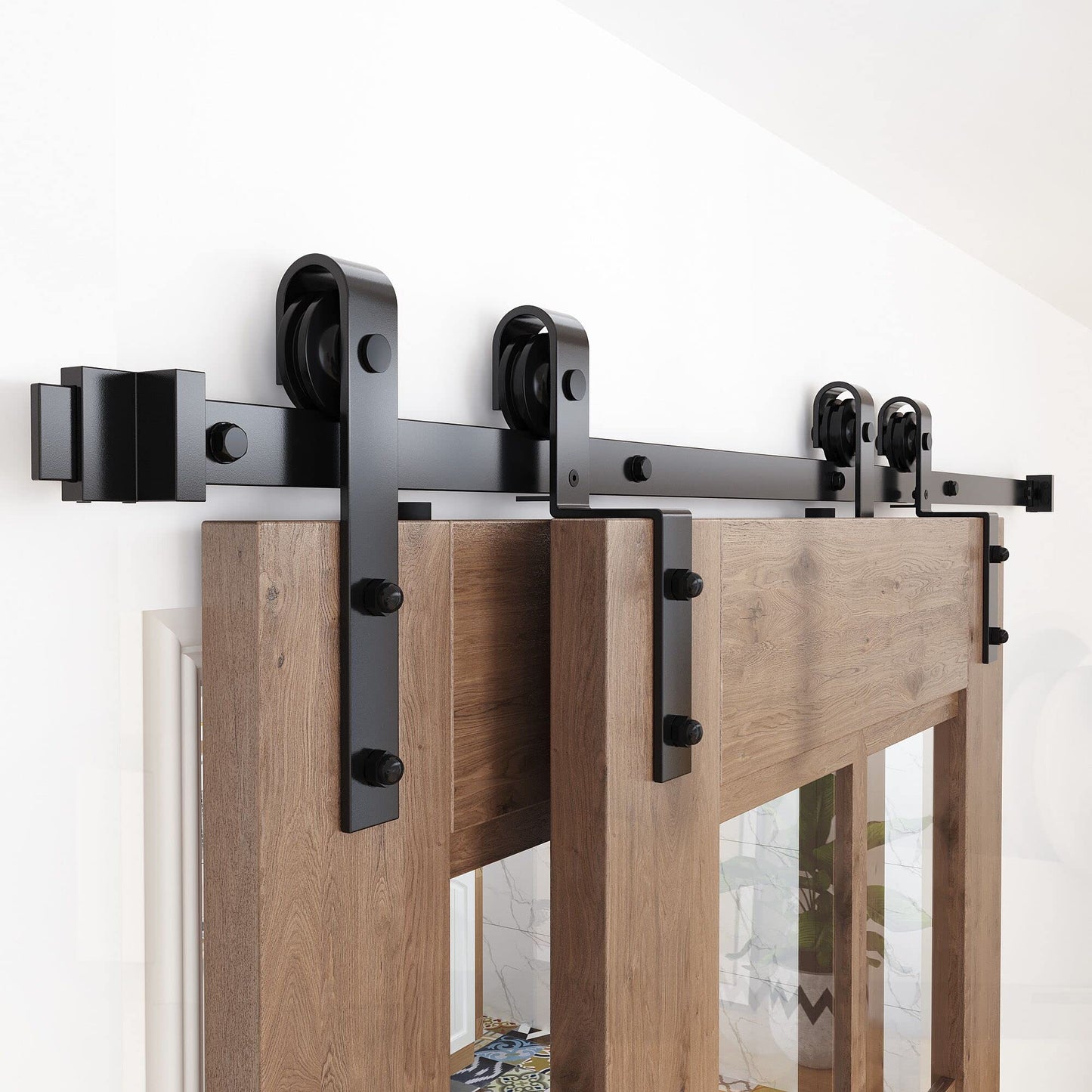 ZEKOO 5 FT Bypass Barn Door Hardware Kit, Single Track, Double Wooden Doors Use, Flat Track Roller, Low Ceiling (5 FT Single Track Bypass)