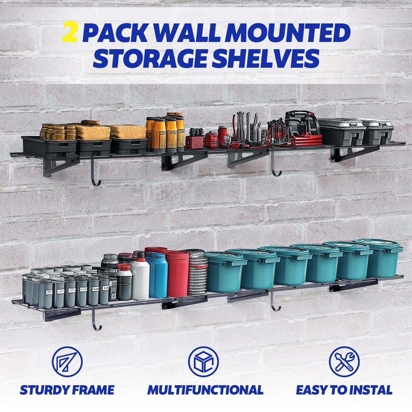 FAHKNS 2-Pack Heavy-Duty Carbon Steel Garage Wall Shelving, 1x6ft Wall Shelves, 600lbs Load Capacity, 72 inch Floating Shelf for Shop Shed Garage, Kitchen, Laundry Room