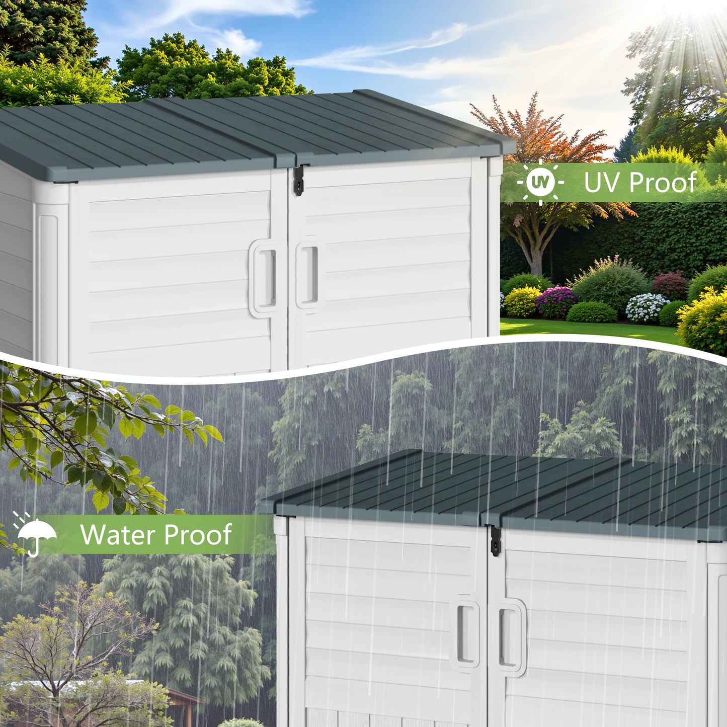 Greesum Outdoor Trash Can Storage Shed, 34 Cu.ft Horizontal Outdoor Storage Cabinet, Waterproof for Garden, Pool Storage, Garbage Cans, Beige
