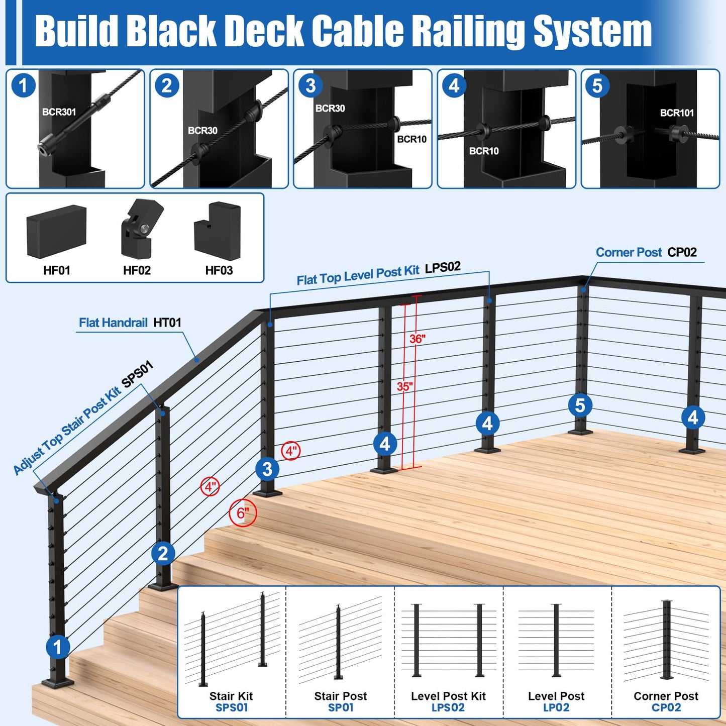 CKE 5-10ft Complete Set 36" Stair Cable Railing Post Kit (35"x2"x2") for 25°-35° Stair, 2 Pack Stair Cable Posts, 150ft 1/8" Wire Rope, Black Swageless Invisible Cable Railing System DIY Kit SPS01