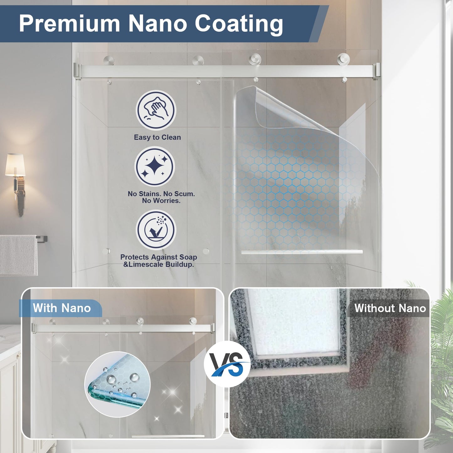 EASYWORC Frameless Double Sliding Shower Doors, 43-48" W x 76" H Shower Glass Door, 1/4" (6mm) Thick ANSI Certified Tempered Glass with Explosion-Proof Film and Nano Coating, Brushed Nickle