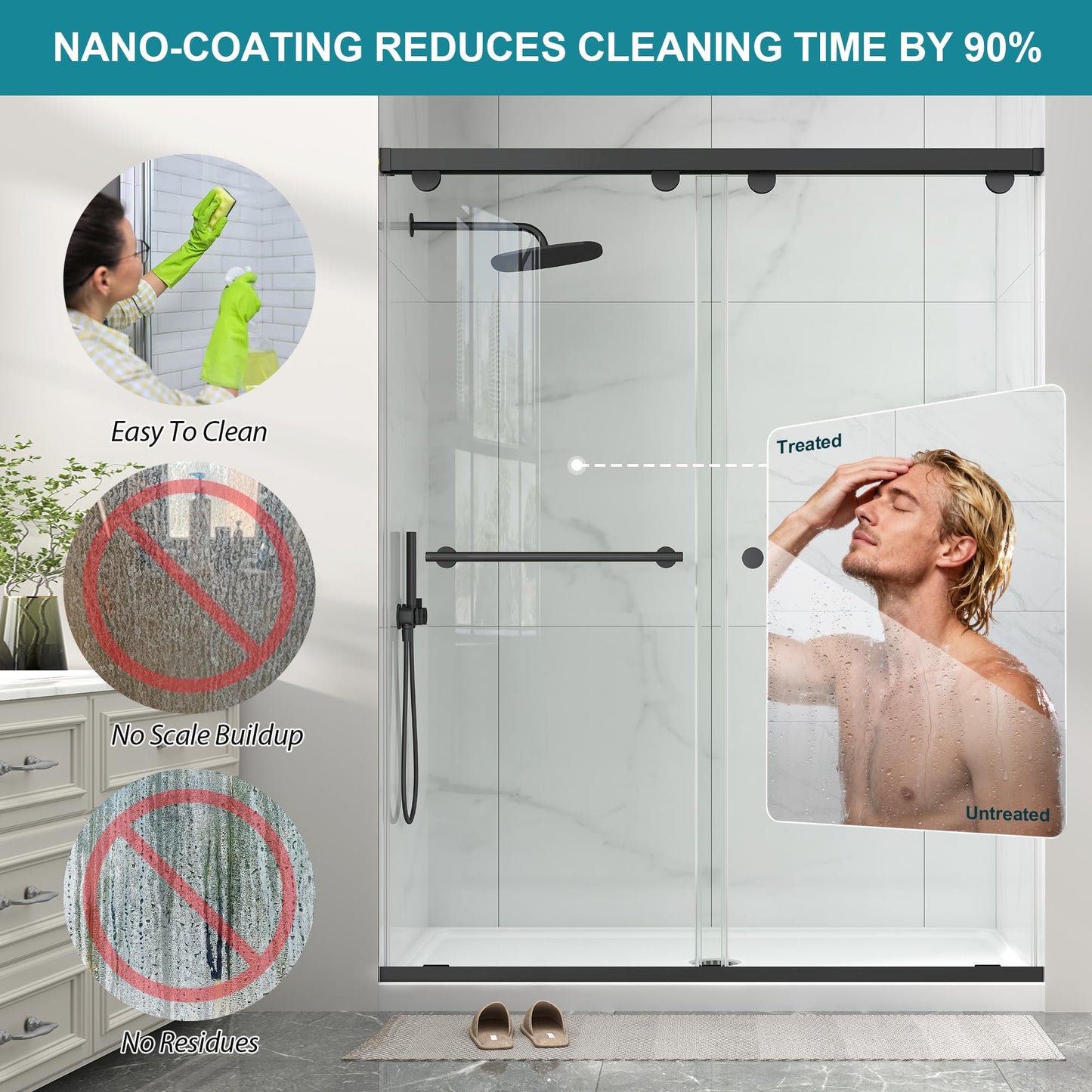Frameless Shower Door with Soft-Close & Anti-Leak,5/16" (8mm) Double Sliding Shower Door,Nano Coating Anti-Explosion Film SGCC Tempered Glass 55"- 60" W x 76" H,Matte Black