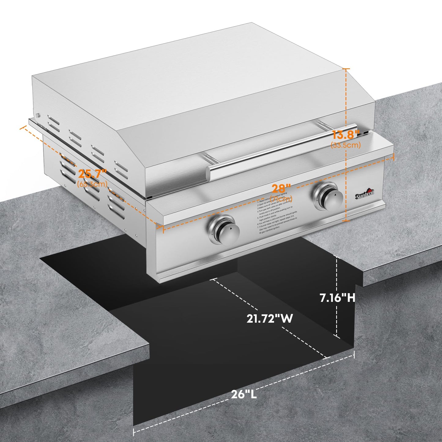 Stanbroil 28-Inch Premium Built-In Liquid Propane Griddle for Outdoor Kitchen Grill, Durable Stainless Steel 2-Burner Flat Top Grill with Lid for BBQ Island, 34,000 BTUs
