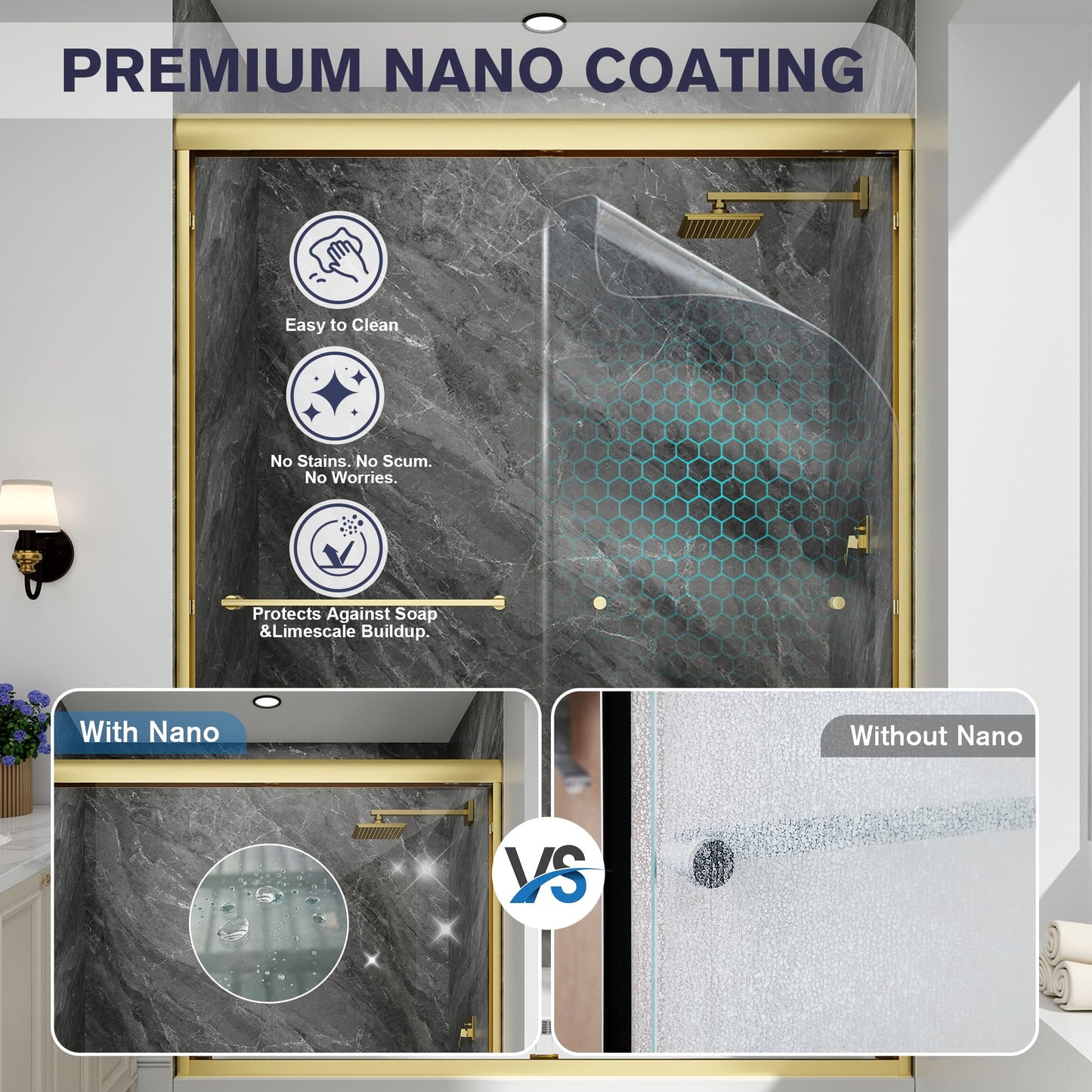 EASYWORC Double Sliding Shower Door, 49"-54" W x 70" H Semi-Frameless Glass Shower Door, 1/4'' (6mm) Clear SGCC Tempered Glass with Explosion-Proof Film and Nano Coating, Brushed Gold