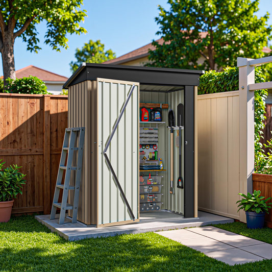 Greesum 5×3FT Outdoor Storage Shed, Metal Patio Storaged Sheds with Lockable Doors, Sheds & Outdoor Storage for Bike, Backyard, Pool and Garden, Brown