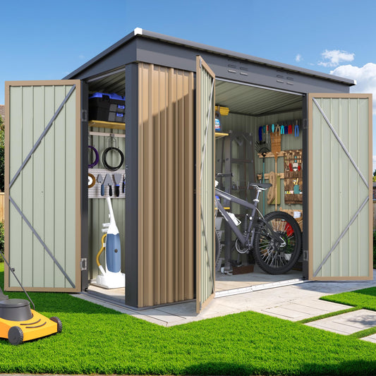JUMMICO 8x4 FT Outdoor Storage Shed, Heavy Duty Tool Metal Sheds with 3 Lockable Doors and Updated Frame Structure for Backyard Patio Lawn, Brown