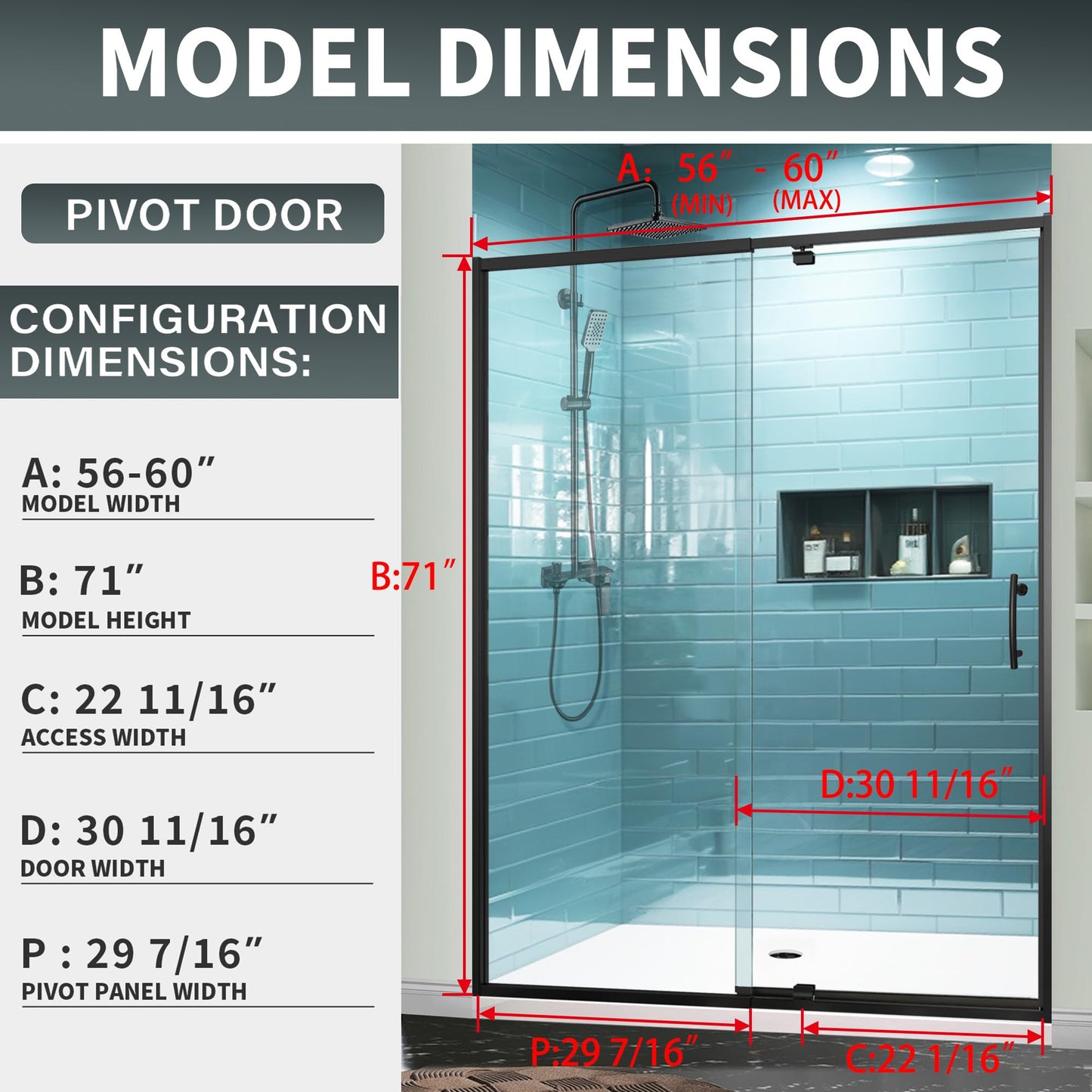 GroGro 56-60" W x 71" H Semi-Frameless Pivot Swing Glass Shower Door,Pivot Shower Door with 1/4" (6mm) Clear SGCC Tempered Glass,Matte Black Finish,Reversible Installation