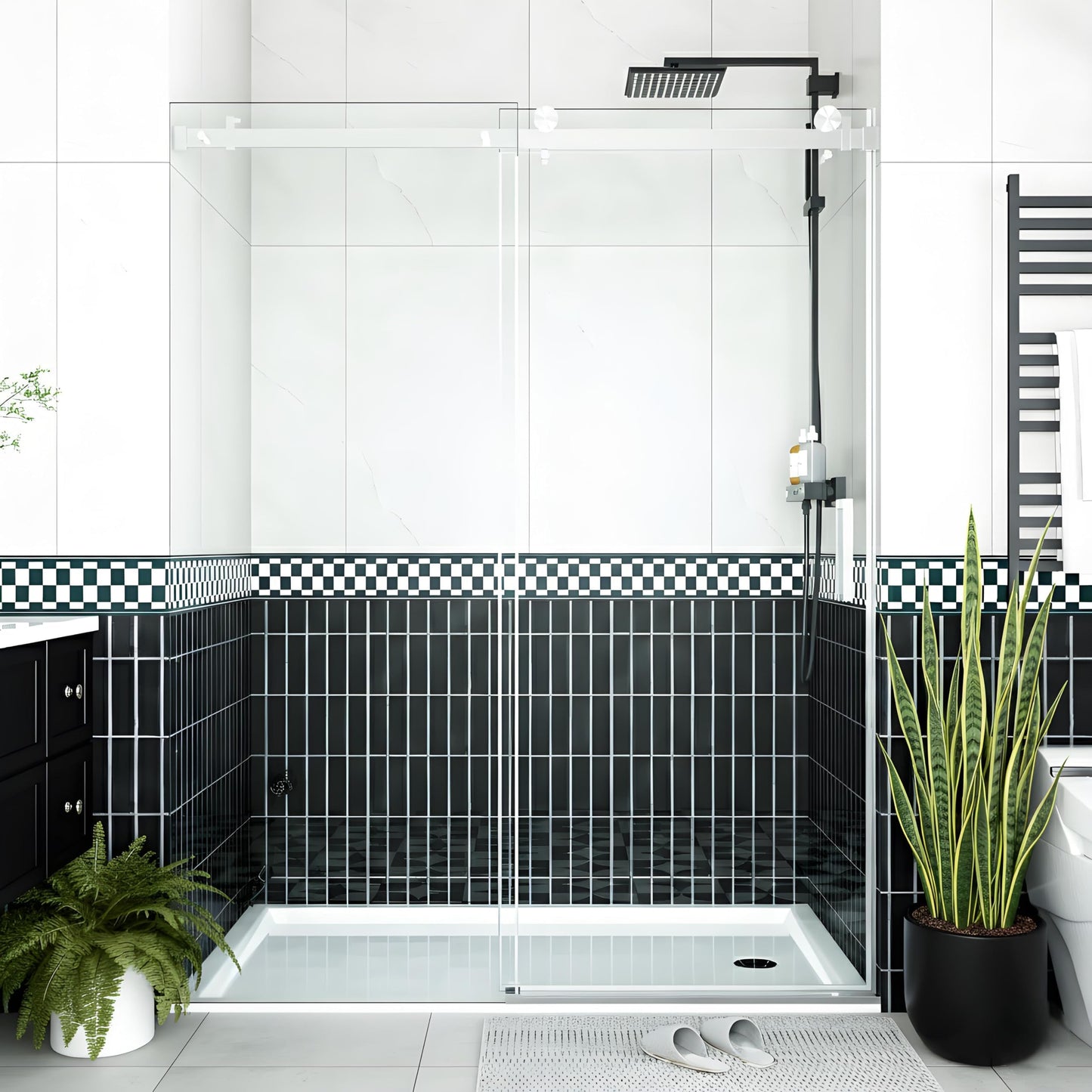 Frameless Sliding Shower Door,56-60" W x 76" H Shower Doors, Sliding Glass Door 1/4" Clear Tempered Glass with Explosion-Proof Film, Handle and Seal Strip for Bathroom，Silver