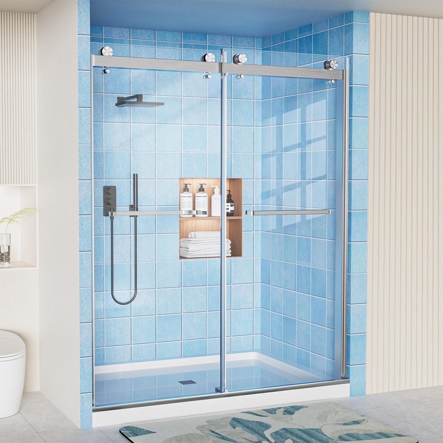 Frameless Shower Door, 56-60" W x 72" H Double Sliding Shower Doors, 1/4" (6mm) Thick Tempered Clear Glass Door with Explosion-Proof Film Nano Coating, Stainless Steel Hardware, Brushed Nickel