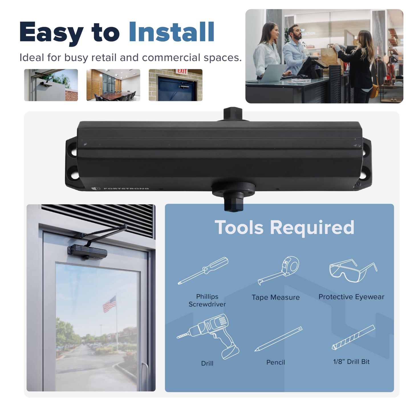 Commercial Door Closer – Heavy Duty Grade 1 Automatic Door Closer for Commercial Use - Auto Hydraulic Spring Hinge - FS-7600B UL & ADA ANSI A156.4 Grade 1 Door Closers Spring Closure Arm Self Closing