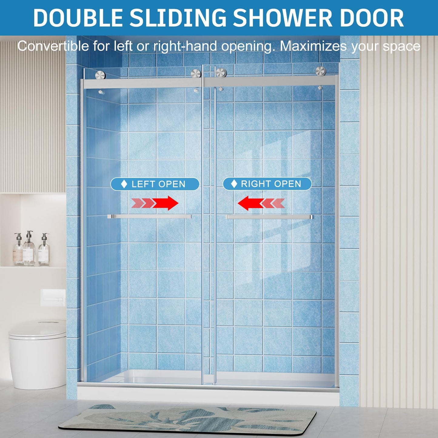 Frameless Shower Door, 56-60" W x 72" H Double Sliding Shower Doors, 1/4" (6mm) Thick Tempered Clear Glass Door with Explosion-Proof Film Nano Coating, Stainless Steel Hardware, Brushed Nickel