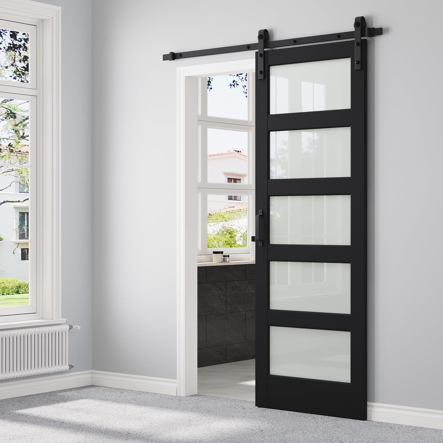 30" x 84" 5-Lites Frosted Glass Sliding Barn Door and Hardware Kit Included & 6FT Track & Handle, Easy Assembly for Mortise and Tenon Structure, Sturdy MDF Barn Door, Privacy Protection, Pre-Drilled