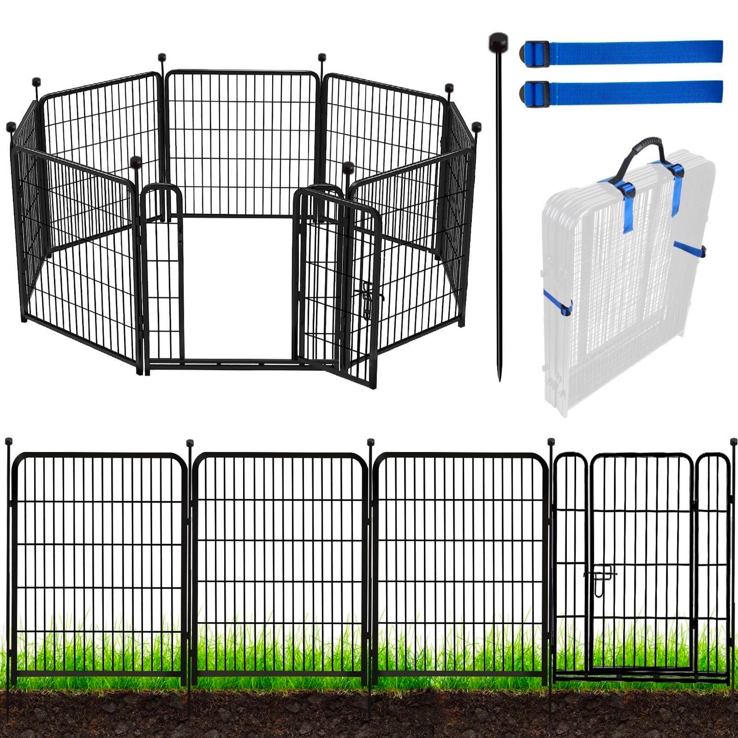 ADAVIN Tall Garden Fence with Gate, 48 in(H) 8 Panels Heavy Duty Iron Metal Animal Barrier Fence, Indoor Dog Playpen, Temporary Fencing, Dog Fence Outdoor for Yard, Total17.7 Ft(L), Black