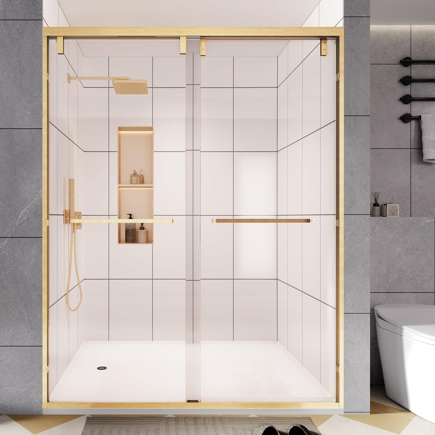 Dyvalis 49-54" W x 76" H Semi-Frameless Double Sliding Shower Door, 1/4" (6mm) SGCC Tempered Clear Glass with Easy-Clean Coating, Bypass Glass Shower Doors, Brushed Gold