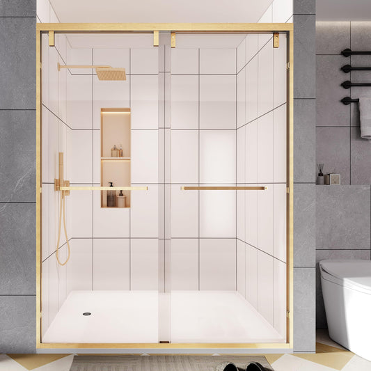 Dyvalis 49-54" W x 76" H Semi-Frameless Double Sliding Shower Door, 1/4" (6mm) SGCC Tempered Clear Glass with Easy-Clean Coating, Bypass Glass Shower Doors, Brushed Gold