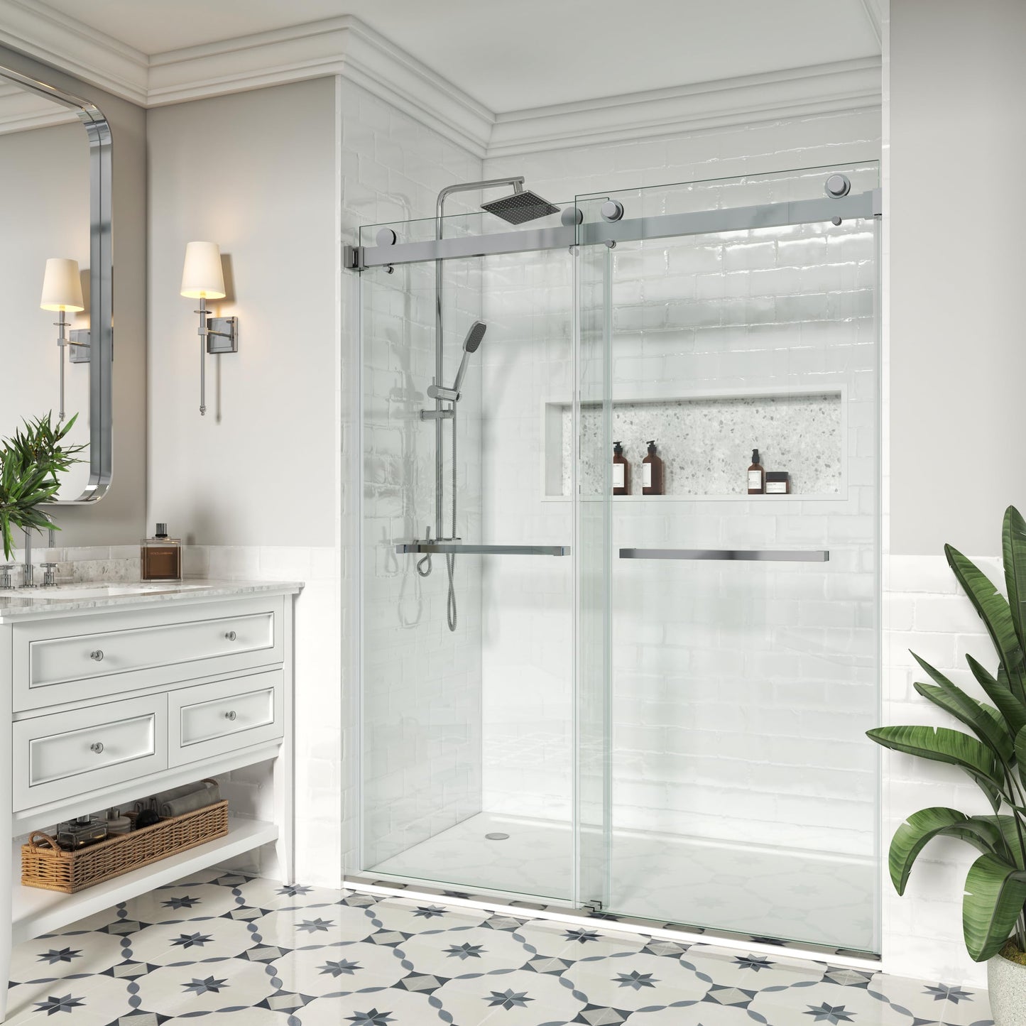 YINVANI Shower Door, 67-72" W x 76" H, SGCC-Certified 3/8" (10mm) Clear Tempered Glass, Frameless Double Sliding Shower Door, Stainless Steel Chrome Finish