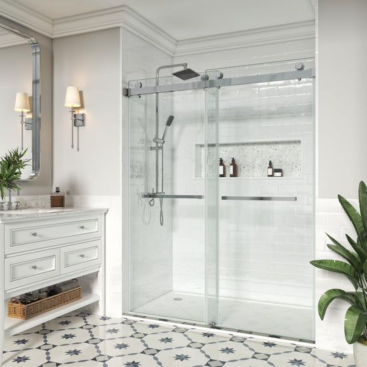 YINVANI Shower Door, 67-72" W x 76" H, SGCC-Certified 3/8" (10mm) Clear Tempered Glass, Frameless Double Sliding Shower Door, Stainless Steel Chrome Finish