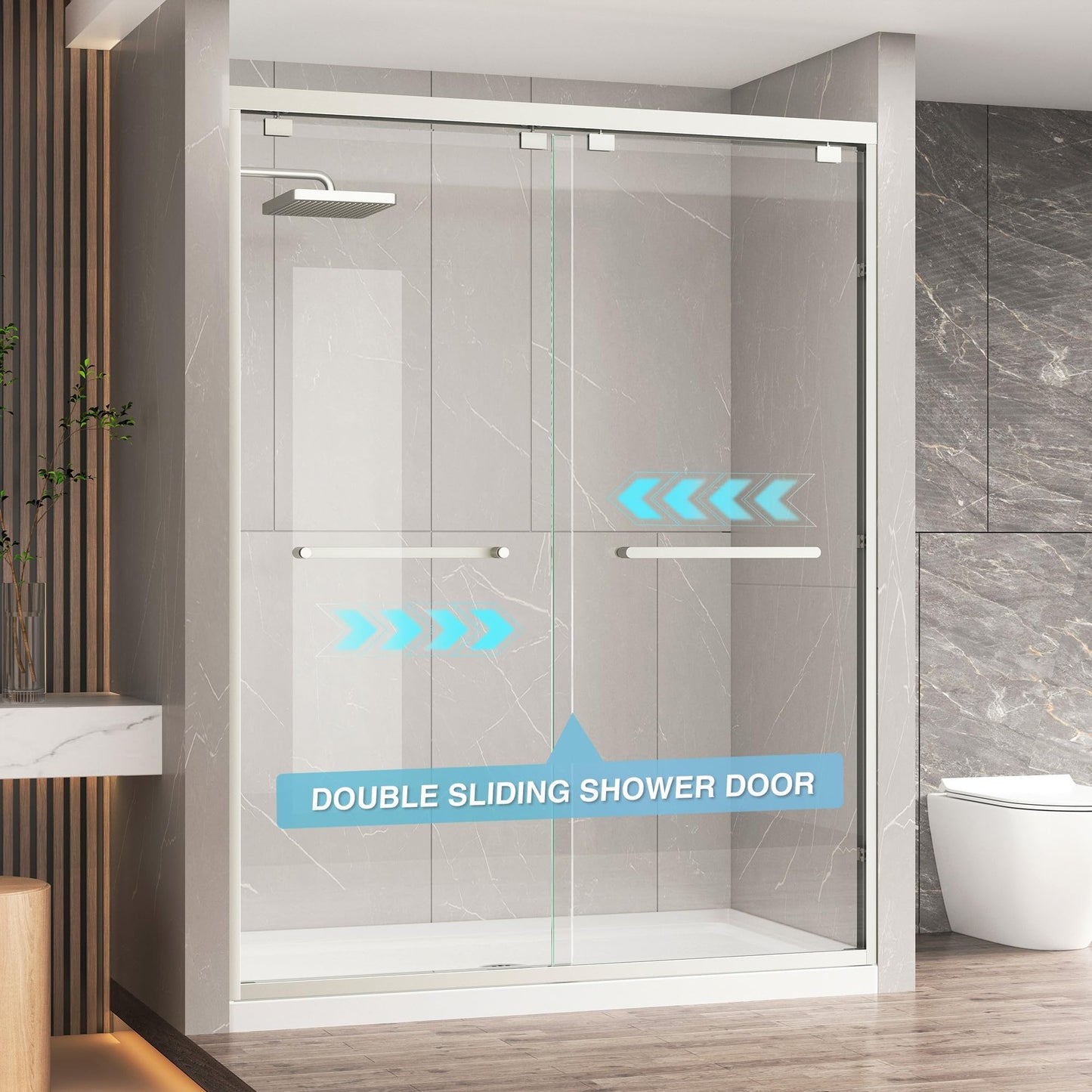 KPUY Glass Shower Door, 49-54" W x 76" H Semi-Frameless Double Sliding Shower Door, 1/4" (6mm) Thick Tempered Clear Glass with Explosion-Proof Film Nano Coating, Brushed Nickel