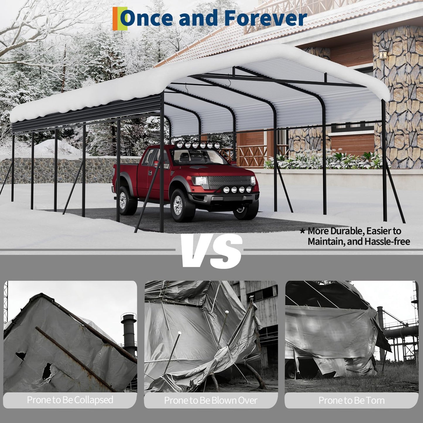 PeakPursuit Metal Carport, 13x26 FT Outdoor Car Port Canopy with Galvanized Steel Roof and Reinforced Base, Heavy Duty Garage Car Shelter Shade for SUV, Truck, Boats