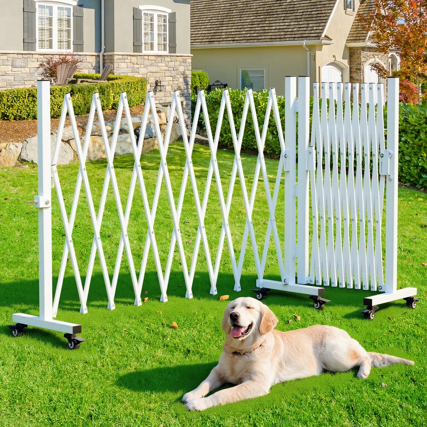 Retractable Outdoor Dog Gate, 207'' Wide Driveway Gate Expandable Portable Fence, Two-Segment 0-180 Degrees Rotatable Design Yard Garden Fence, Metal Safety Barrier Gates (White, 39.76 * 213)