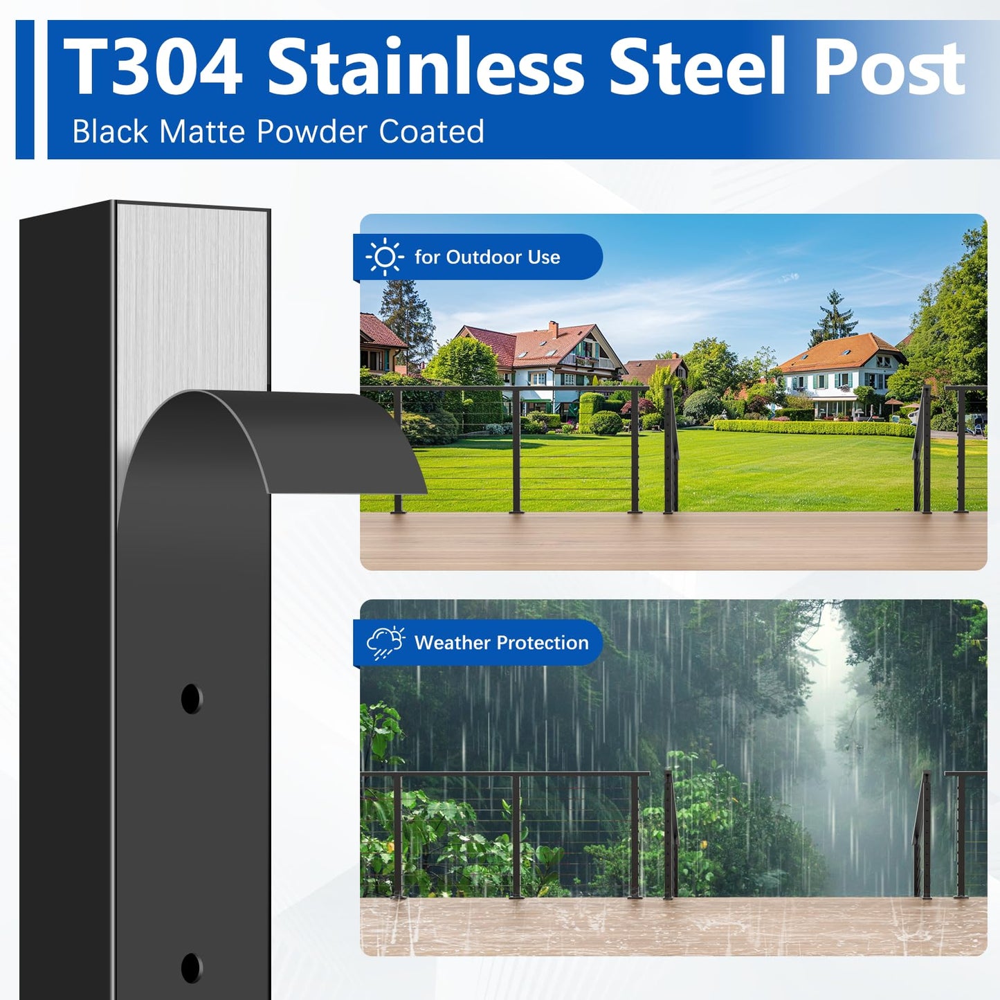 Zylorix 36" T304 Cable Railing Post(Post 35"x2"x2"), Level Drilled Railing Post with Cable Grommets, Modular Fixed Top Mount Cable Handrail Post, Stainless Steel Black Finish Indoor Outdoor Deck Post