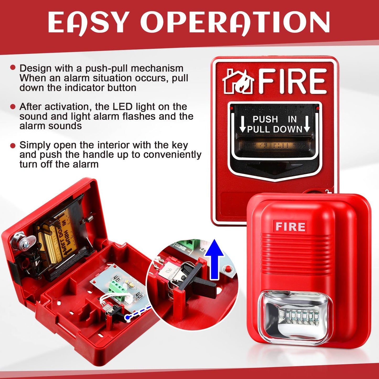 Relaxweex 4 Pcs Fire Alarm Pull Station Fire Warning Siren 12/24V DC Sound and Light Emergency Alarm Dual Action Manual Call Point with Key Security Horn Buzzer for Home or Office