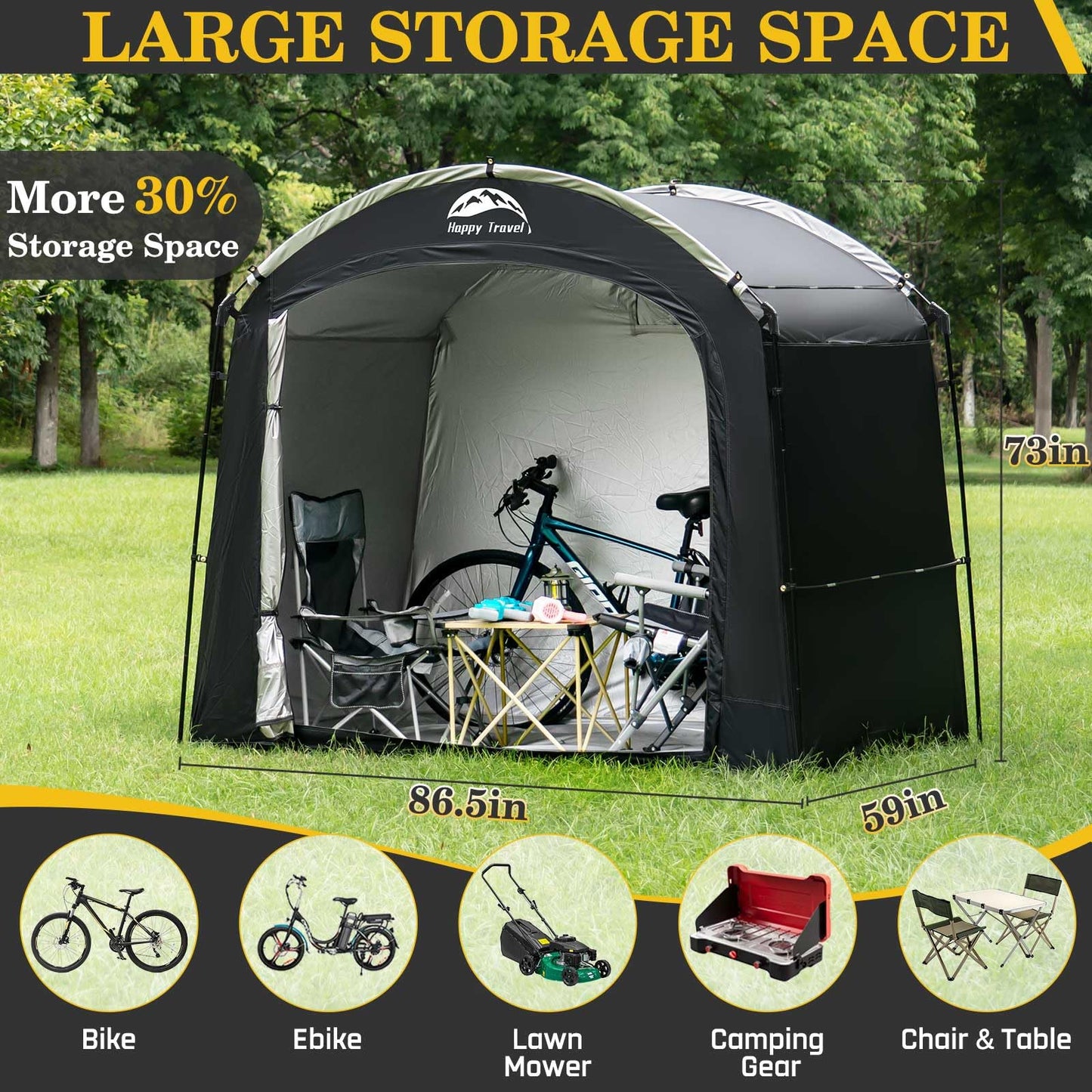 Happy Travel Bike Storage Shed Tent, Waterproof Portable Bicycle Cover with 30% More Top Storage Space for 2/3/4/5 Bikes,Clips Easy Setup Outdoor Sheds Shelter for Motorcycle, Garden Tools, Lawn Mower