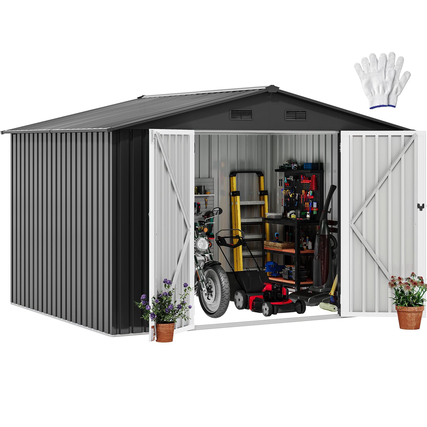 DWVO 10x8FT Outdoor Storage Shed, Spacious Metal Tool Shed with Lockable Doors & Ventilation for Patio, Lawn, and Backyard, Ideal for Storing Garden Equipment, Lawnmowers, and Bicycles, Dark Gray