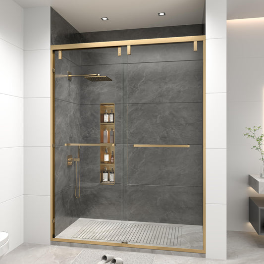 RFN 56-60" W x 76" H Framed Bypass Double Sliding Shower Door, 1/4" (6 mm) Easy-to-Clean Treated Clear Tempered SGCC Glass,Bathroom Door(Brushed Gold, 56-60" W*76" H)