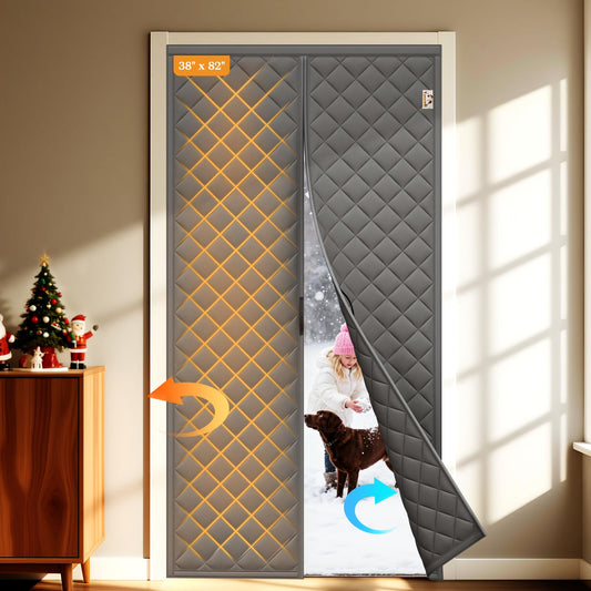Yotache Magnetic Thermal Insulated Door Curtain Fits 38 x 82 inch Doors, Curtain Size 40" x 84" Weatherproof Oxford Material Screen Door Covers Keep Cold Drafts Out, Gray