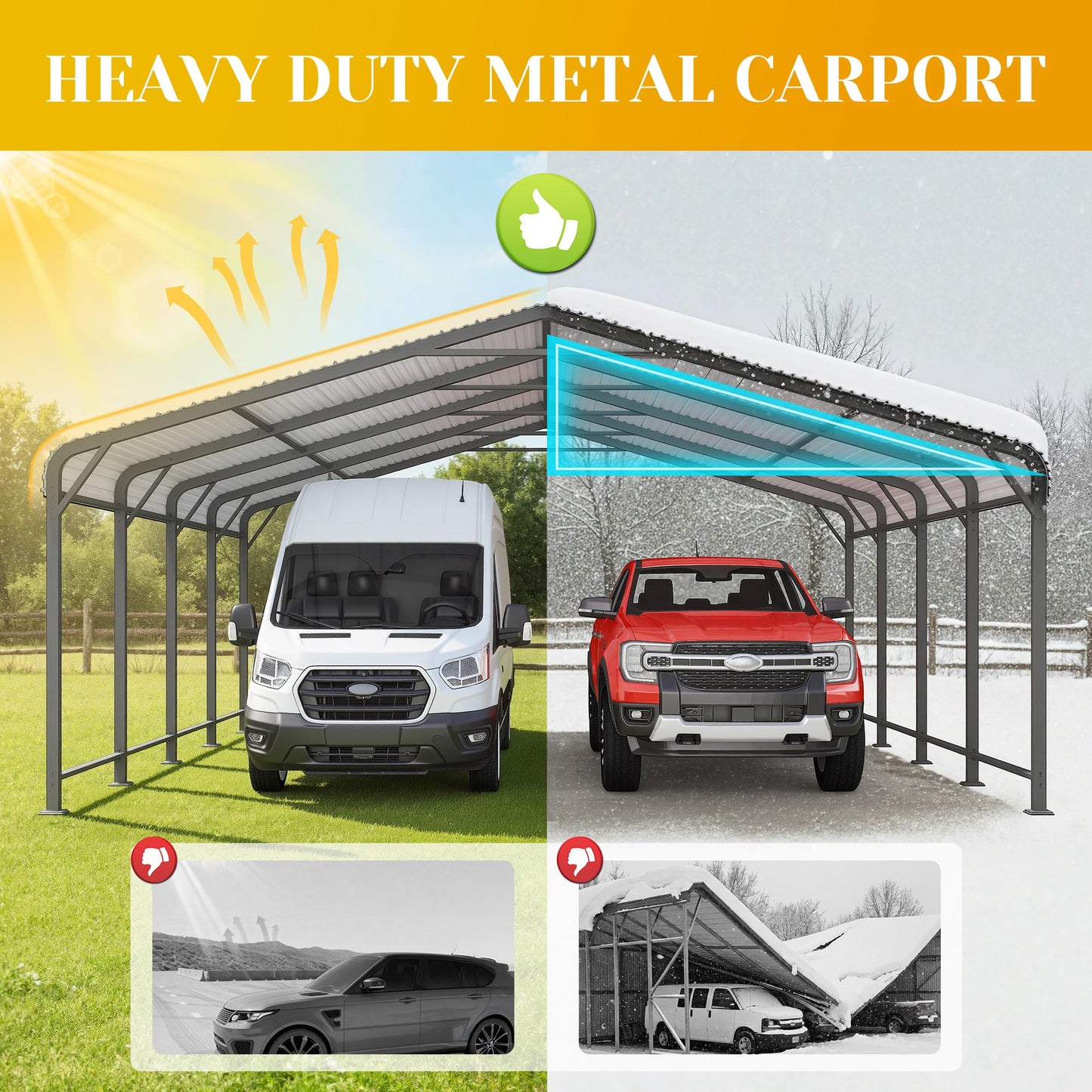 20x20 FT Car Port, Metal Carport for 2 Cars, Heavy Duty Canopy Carport with Updated Roof & Enhanced Base, Garage Vertaile Carports for RV Car, Truck, Boat, Tractors, Party, Grey