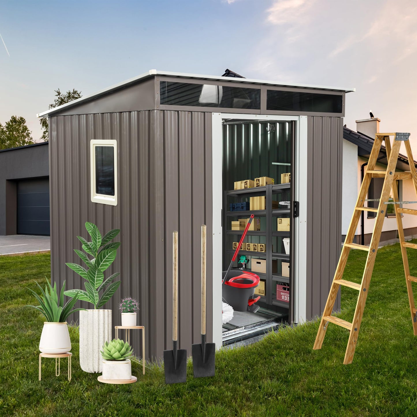 6FT x 5FT Outdoor Storage Shed, Heavy Duty Galvanized Steel Garden Shed with Sloped Roof, Sliding Lockable Doors, Punched Vents & Foundation Kit, Weather Resistant Tool Shed, Grey with Window