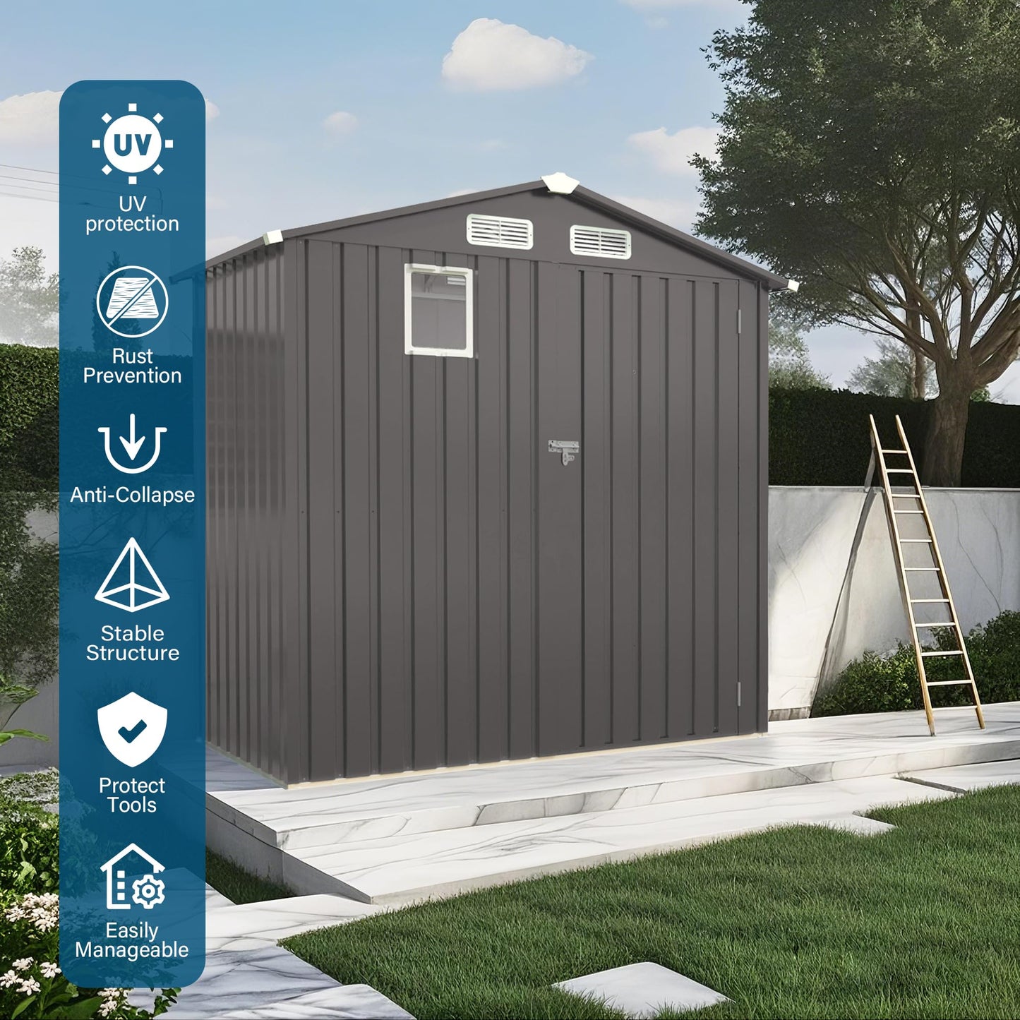 YOPTO 6X4 FT Metal Outdoor Storage Shed,Waterproof Tool Sheds with Pitched Roof and Positive Window,Backyard House Buildings w/Lockable Door & Vents,for Garden Sundries Sundries Bike,Gray